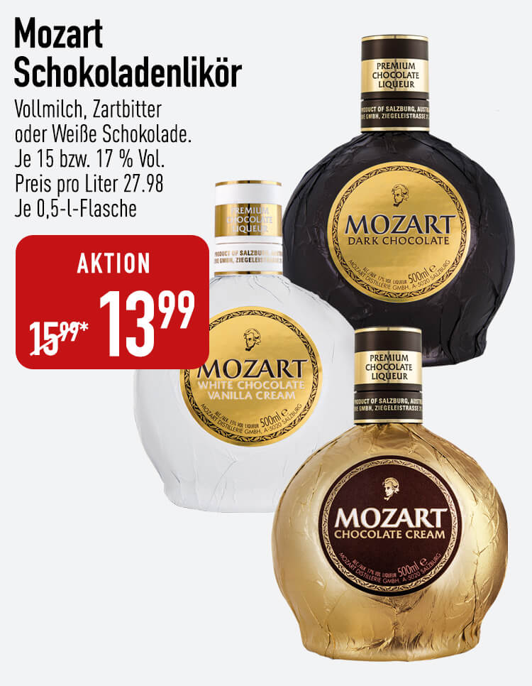 Mozart Schokoladenlikör im Angebot (3 Sorten)
